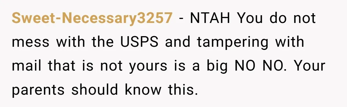 Sweet-Necessary3257 − NTAH You do not mess with the USPS and tampering with mail that is not yours is a big NO NO. Your parents should know this.