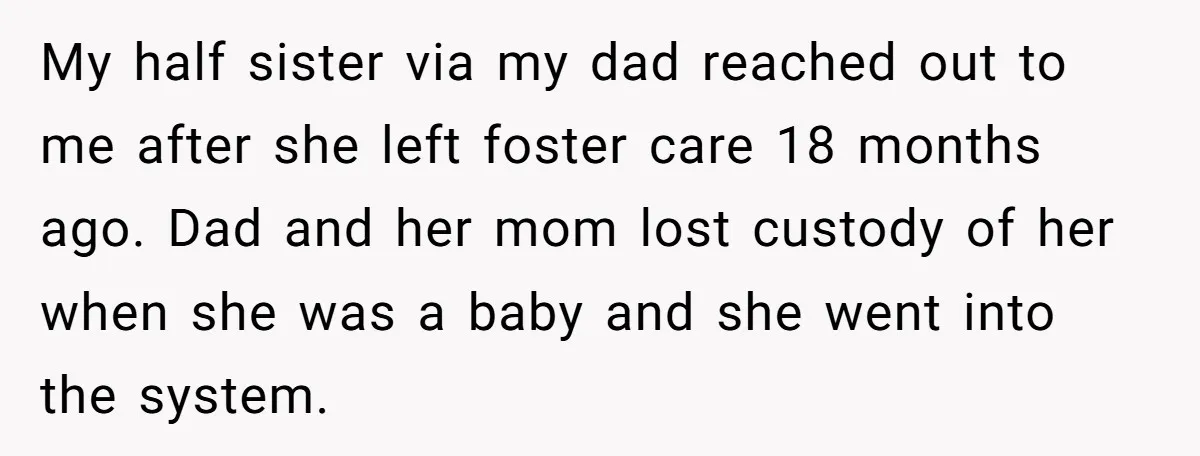 My half sister via my dad reached out to me after she left foster care 18 months ago. Dad and her mom lost custody of her when she was a...
