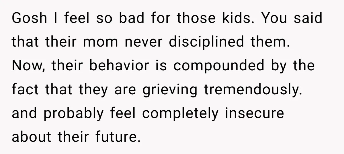 Gosh I feel so bad for those kids. You said that their mom never disciplined them. Now, their behavior is compounded by the fact that they are grieving tremendously. and...
