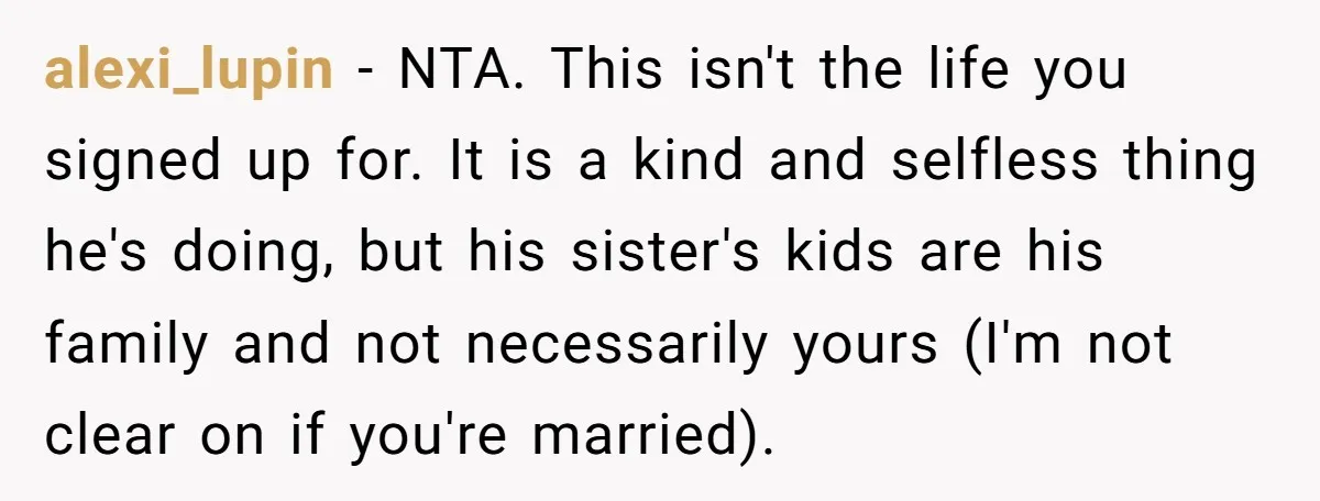alexi_lupin − NTA. This isn't the life you signed up for. It is a kind and selfless thing he's doing, but his sister's kids are his family and not necessarily...