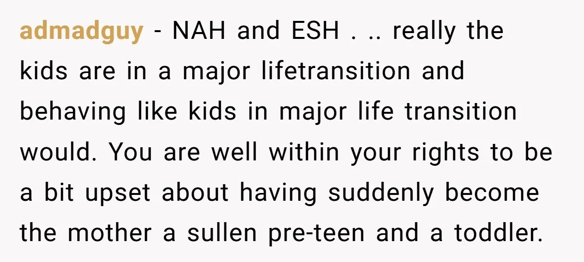admadguy − NAH and ESH . .. really the kids are in a major lifetransition and behaving like kids in major life transition would. You are well within your rights...