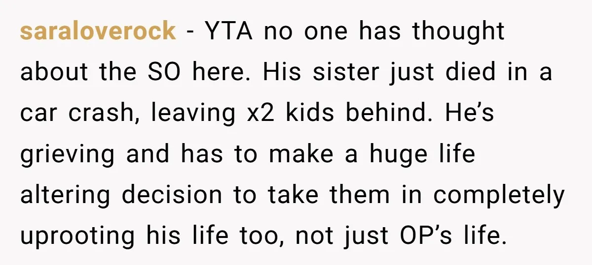 saraloverock − YTA no one has thought about the SO here. His sister just died in a car crash, leaving x2 kids behind. He’s grieving and has to make a...