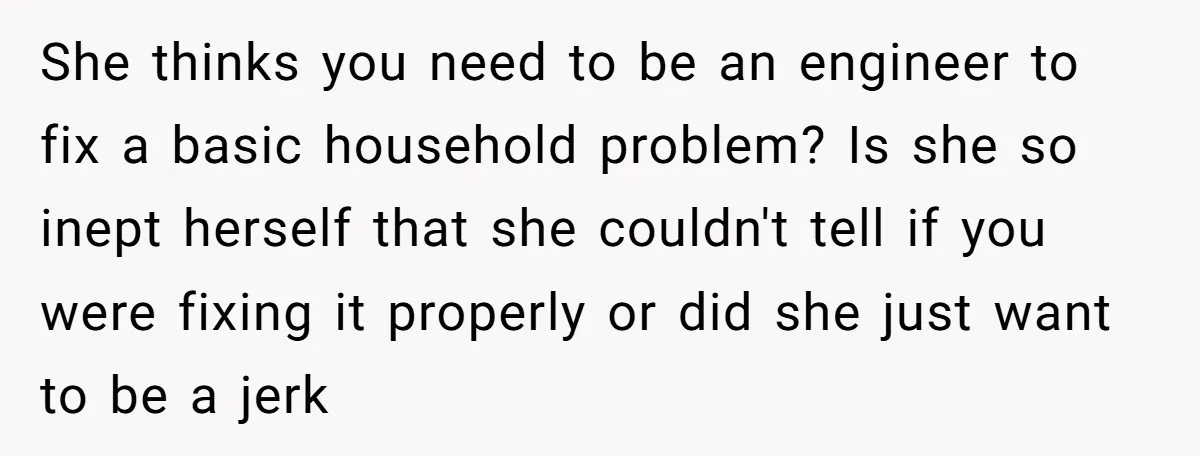 She thinks you need to be an engineer to fix a basic household problem? Is she so inept herself that she couldn't tell if you were fixing it properly or...
