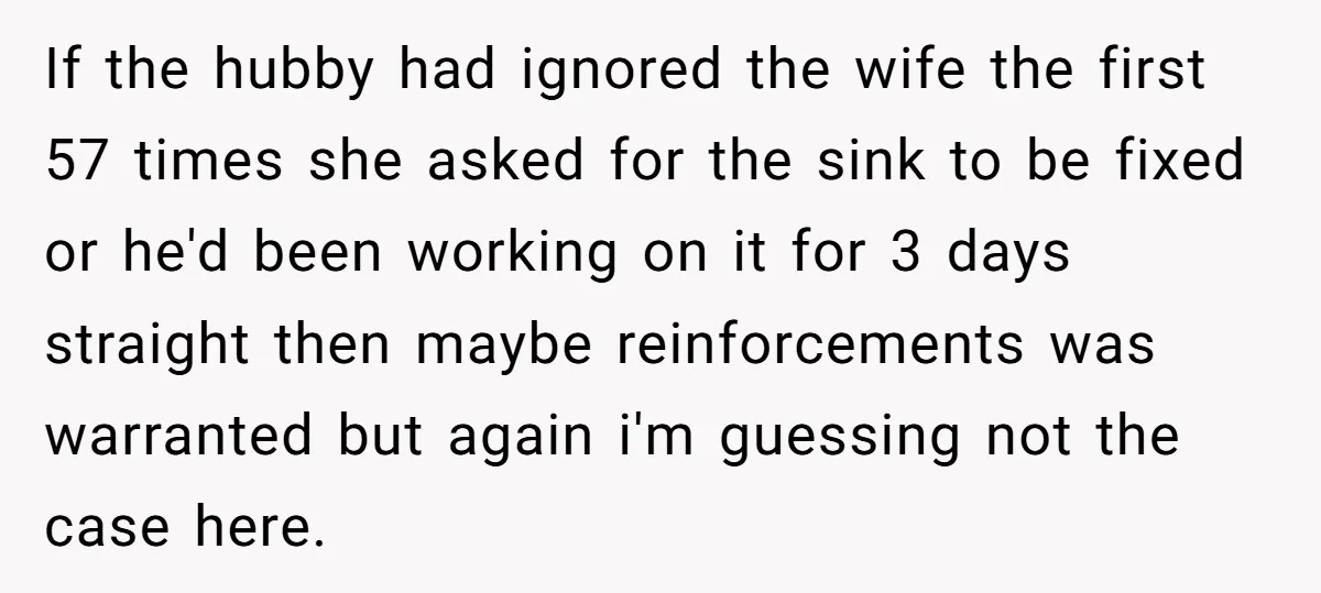If the hubby had ignored the wife the first 57 times she asked for the sink to be fixed or he'd been working on it for 3 days straight then...