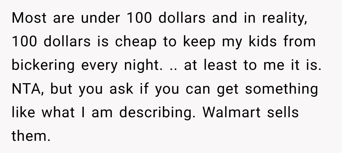Most are under 100 dollars and in reality, 100 dollars is cheap to keep my kids from bickering every night. .. at least to me it is. NTA, but you...