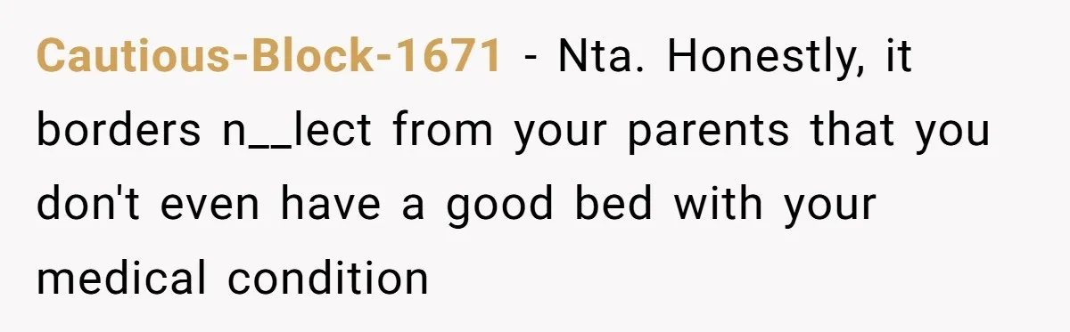 Cautious-Block-1671 − Nta. Honestly, it borders n__lect from your parents that you don't even have a good bed with your medical condition