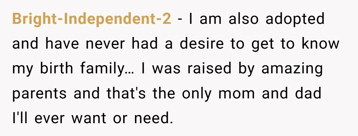 Bright-Independent-2 - I am also adopted and have never had a desire to get to know my birth family… I was raised by amazing parents and that's the only mom...