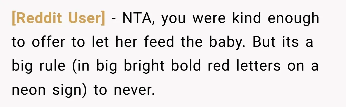 [Reddit User] − NTA, you were kind enough to offer to let her feed the baby. But its a big rule (in big bright bold red letters on a neon...