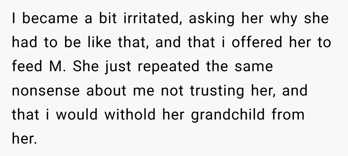 I became a bit irritated, asking her why she had to be like that, and that i offered her to feed M. She just repeated the same nonsense about me...