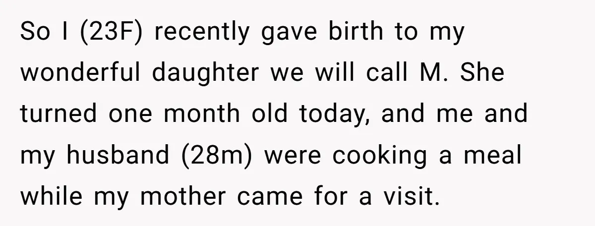 So I (23F) recently gave birth to my wonderful daughter we will call M. She turned one month old today, and me and my husband (28m) were cooking a meal...