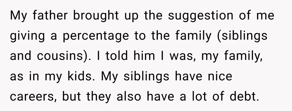 My father brought up the suggestion of me giving a percentage to the family (siblings and cousins). I told him I was, my family, as in my kids. My siblings...