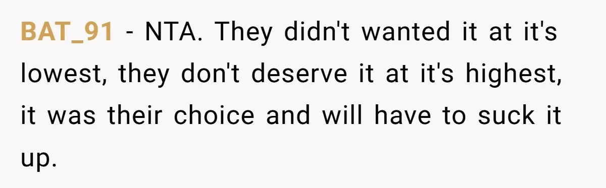 BAT_91 − NTA. They didn't wanted it at it's lowest, they don't deserve it at it's highest, it was their choice and will have to suck it up.
