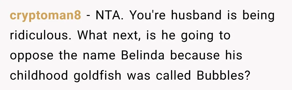 cryptoman8 - NTA. You're husband is being ridiculous. What next, is he going to oppose the name Belinda because his childhood goldfish was called Bubbles?