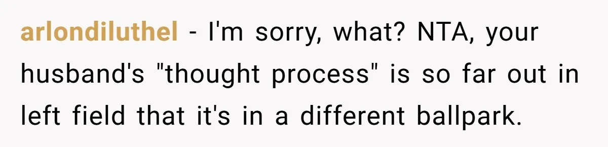arlondiluthel - I'm sorry, what? NTA, your husband's "thought process" is so far out in left field that it's in a different ballpark.