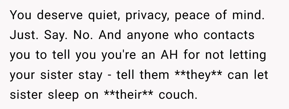 You deserve quiet, privacy, peace of mind. Just. Say. No. And anyone who contacts you to tell you you're an AH for not letting your sister stay - tell them...