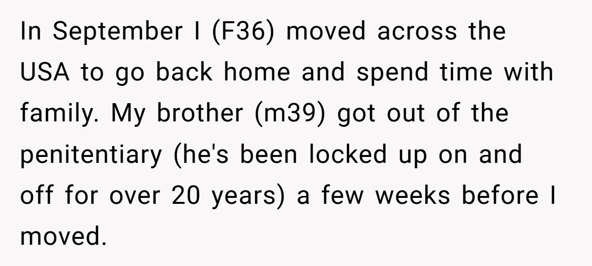 In September I (F36) moved across the USA to go back home and spend time with family. My brother (m39) got out of the penitentiary (he's been locked up on...