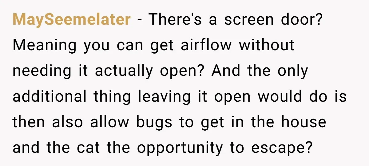 MaySeemelater − There's a screen door? Meaning you can get airflow without needing it actually open? And the only additional thing leaving it open would do is then also allow...