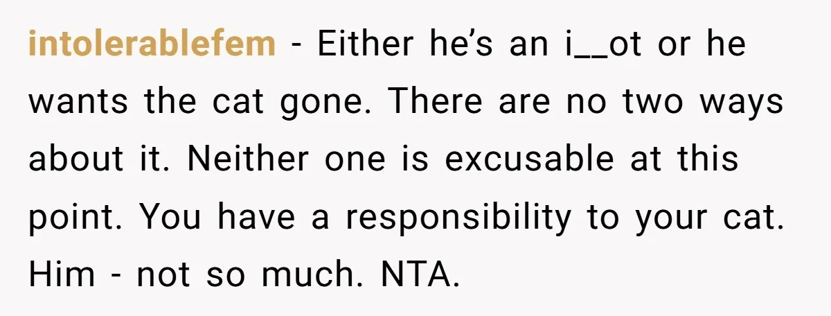 intolerablefem − Either he’s an i__ot or he wants the cat gone. There are no two ways about it. Neither one is excusable at this point. You have a responsibility...