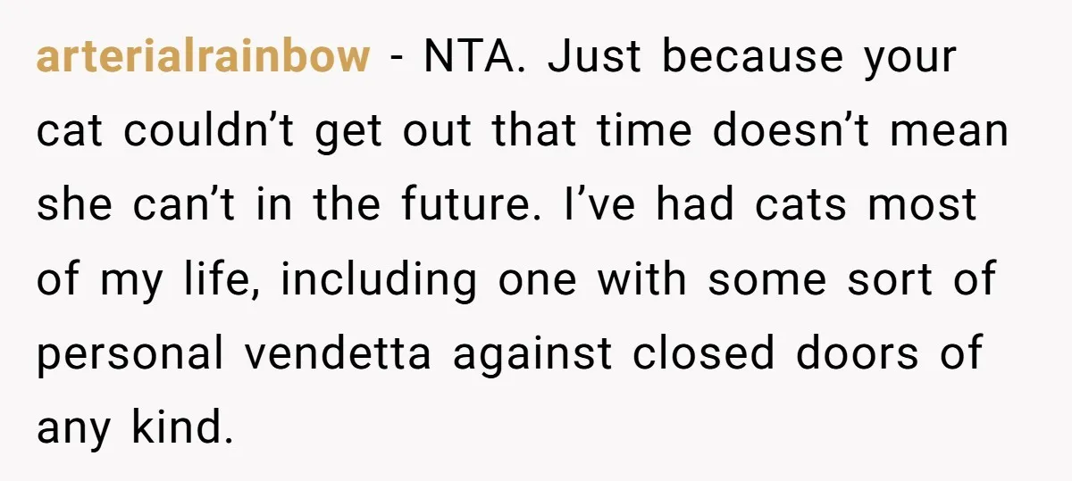 arterialrainbow − NTA. Just because your cat couldn’t get out that time doesn’t mean she can’t in the future. I’ve had cats most of my life, including one with some...