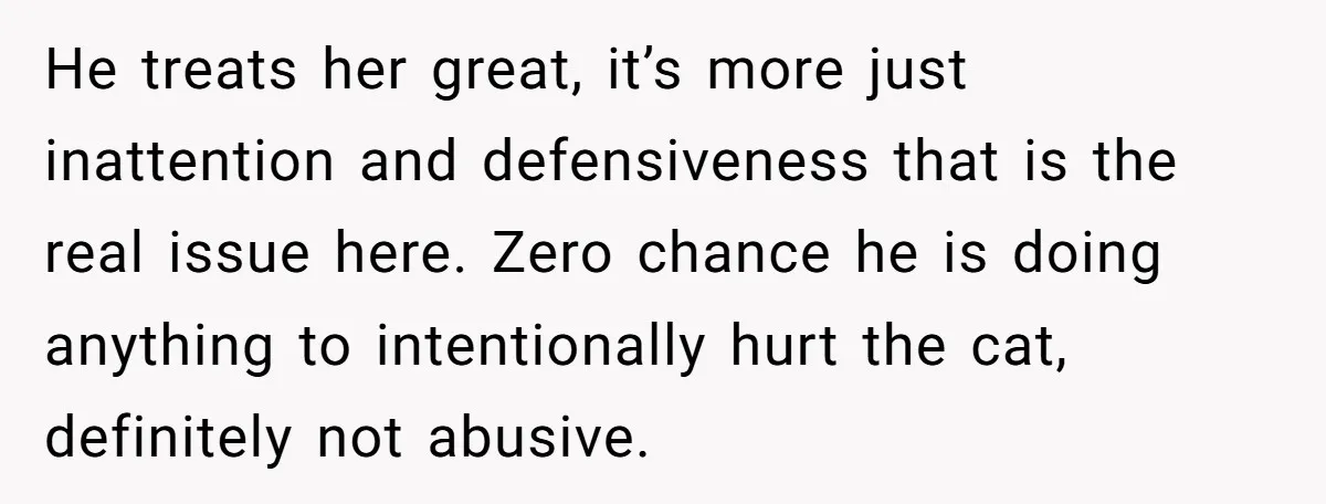 He treats her great, it’s more just inattention and defensiveness that is the real issue here. Zero chance he is doing anything to intentionally hurt the cat, definitely not abusive.