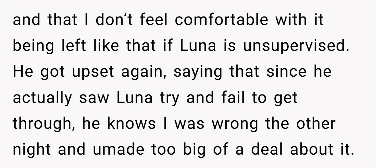 and that I don’t feel comfortable with it being left like that if Luna is unsupervised. He got upset again, saying that since he actually saw Luna try and fail...