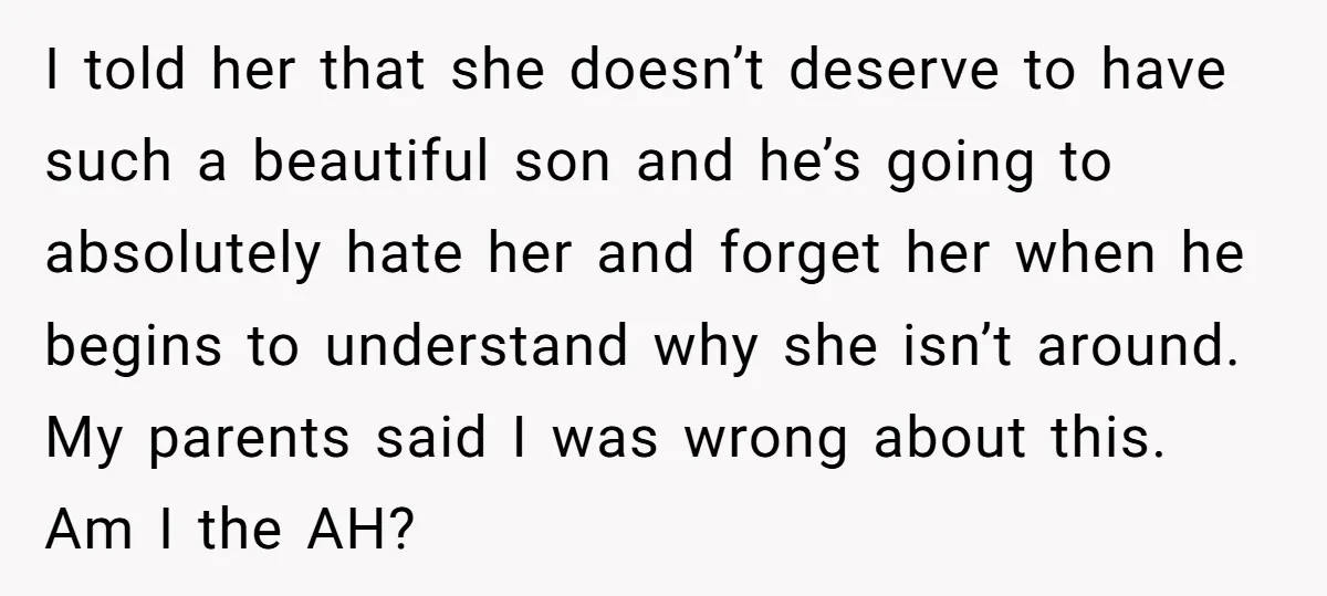 I told her that she doesn’t deserve to have such a beautiful son and he’s going to absolutely hate her and forget her when he begins to understand why she...