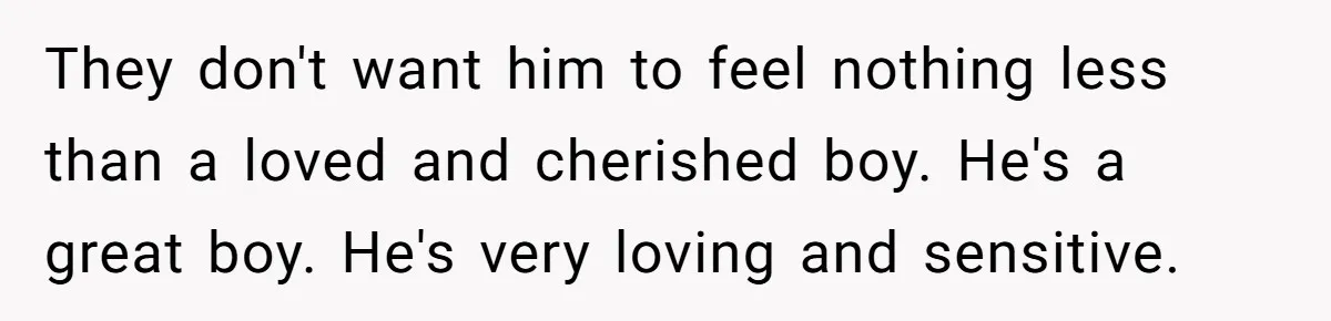 They don't want him to feel nothing less than a loved and cherished boy. He's a great boy. He's very loving and sensitive.