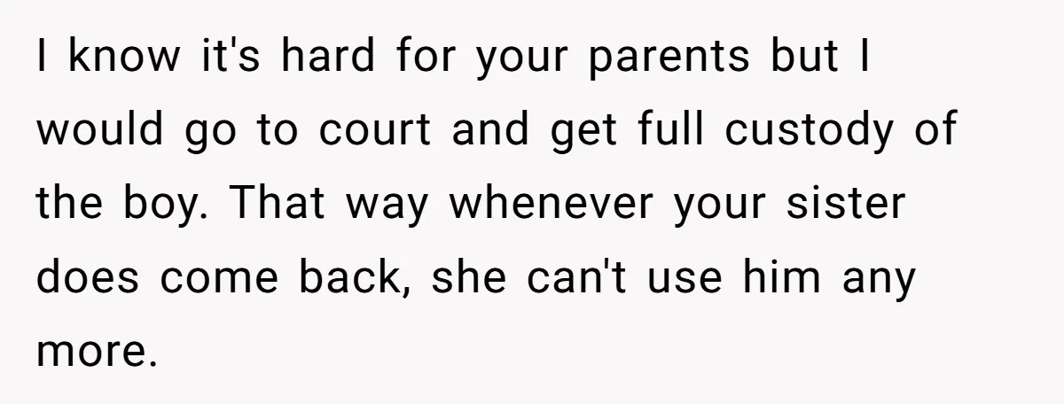I know it's hard for your parents but I would go to court and get full custody of the boy. That way whenever your sister does come back, she can't...