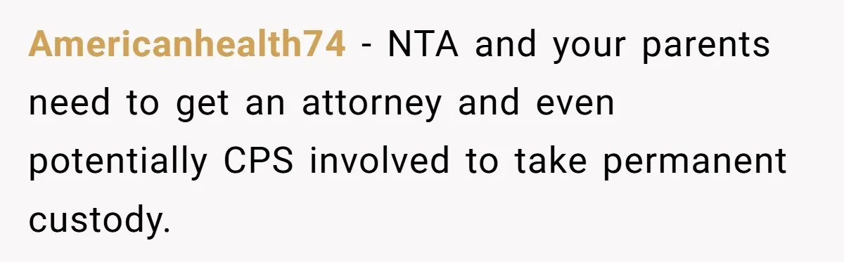 Americanhealth74 − NTA and your parents need to get an attorney and even potentially CPS involved to take permanent custody.