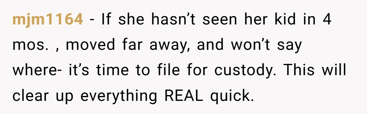 mjm1164 − If she hasn’t seen her kid in 4 mos. , moved far away, and won’t say where- it’s time to file for custody. This will clear up everything...