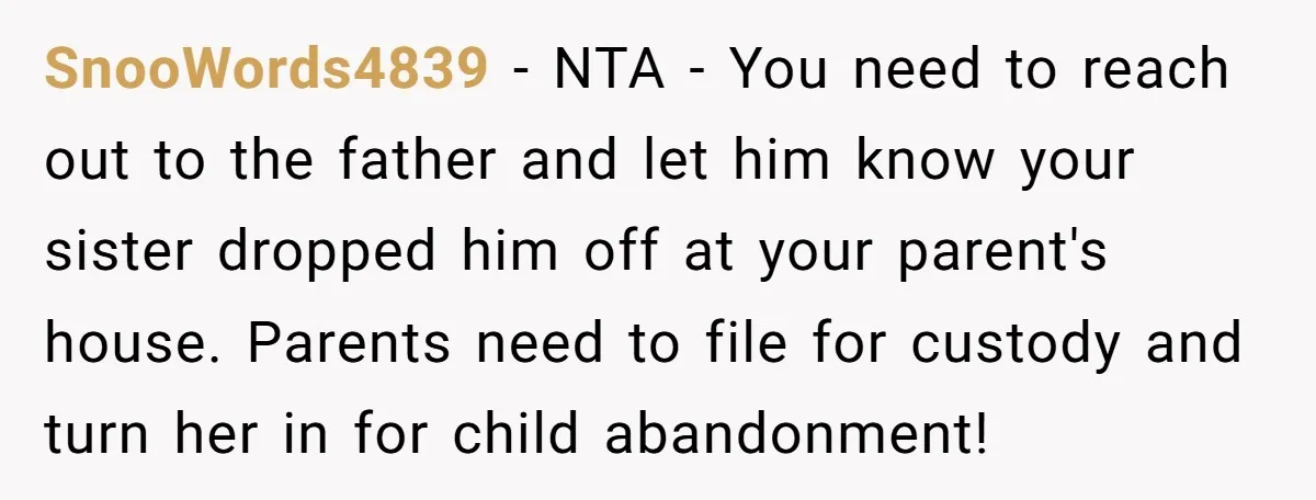 SnooWords4839 − NTA - You need to reach out to the father and let him know your sister dropped him off at your parent's house. Parents need to file for...