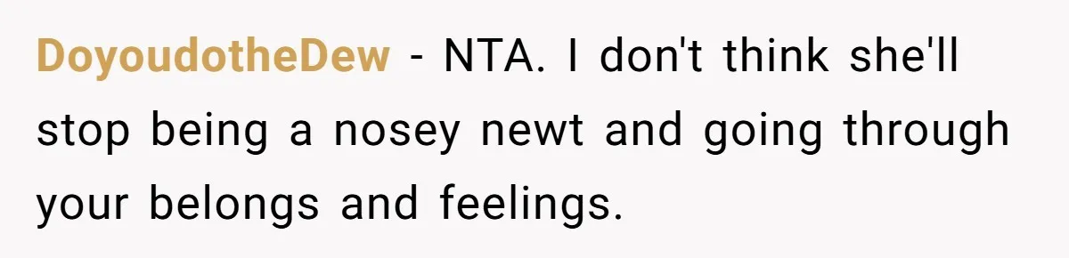 DoyoudotheDew − NTA. I don't think she'll stop being a nosey newt and going through your belongs and feelings.