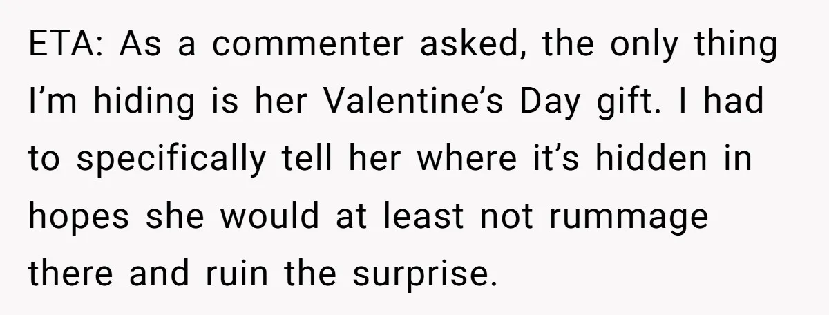 ETA: As a commenter asked, the only thing I’m hiding is her Valentine’s Day gift. I had to specifically tell her where it’s hidden in hopes she would at least...