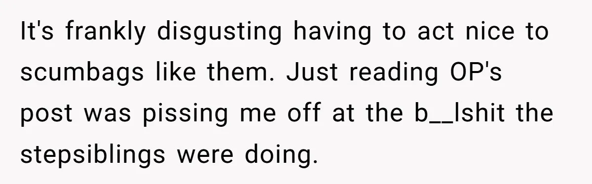 It's frankly disgusting having to act nice to scumbags like them. Just reading OP's post was pissing me off at the b__lshit the stepsiblings were doing.