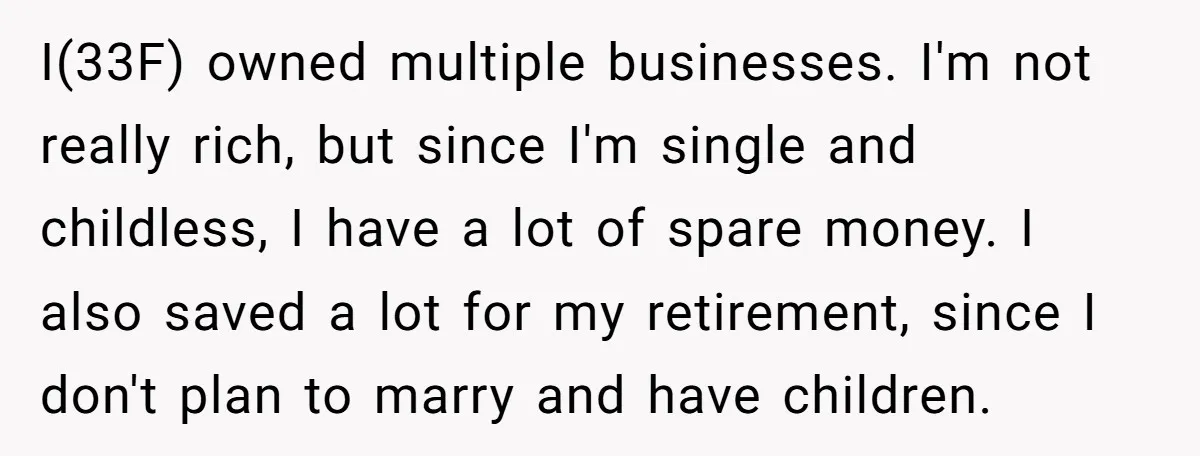 I(33F) owned multiple businesses. I'm not really rich, but since I'm single and childless, I have a lot of spare money. I also saved a lot for my retirement, since...