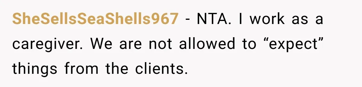 SheSellsSeaShells967 − NTA. I work as a caregiver. We are not allowed to “expect” things from the clients.