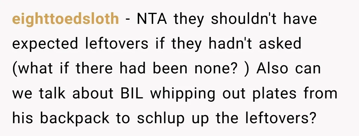 eighttoedsloth − NTA they shouldn't have expected leftovers if they hadn't asked (what if there had been none? ) Also can we talk about BIL whipping out plates from his...