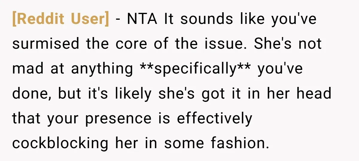 [Reddit User] − NTA It sounds like you've surmised the core of the issue. She's not mad at anything **specifically** you've done, but it's likely she's got it in her...