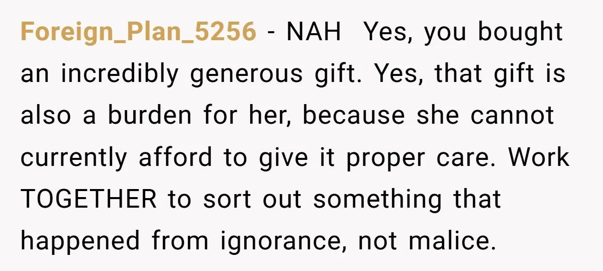 Foreign_Plan_5256 − NAH Yes, you bought an incredibly generous gift. Yes, that gift is also a burden for her, because she cannot currently afford to give it proper care. Work...