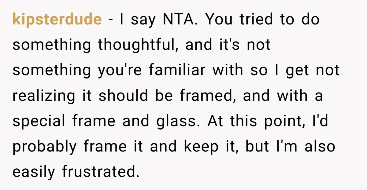 kipsterdude − I say NTA. You tried to do something thoughtful, and it's not something you're familiar with so I get not realizing it should be framed, and with a...