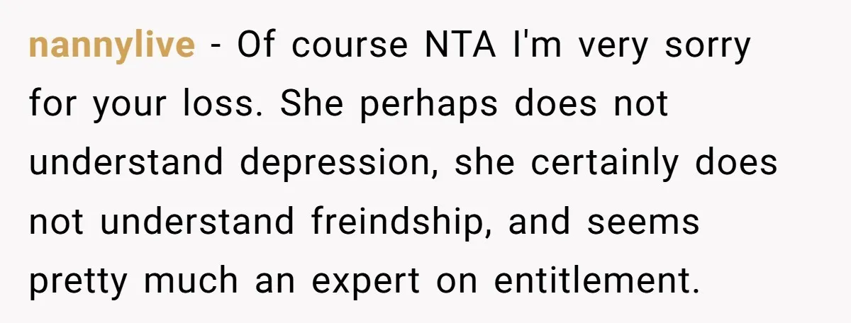 nannylive − Of course NTA I'm very sorry for your loss. She perhaps does not understand depression, she certainly does not understand freindship, and seems pretty much an expert on...
