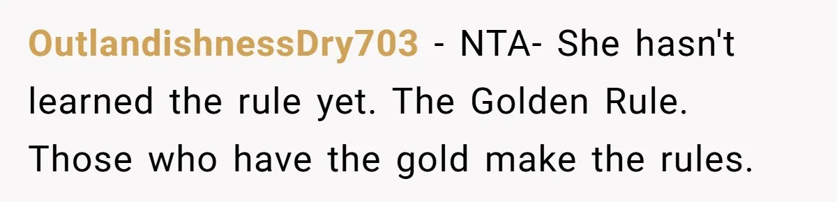 OutlandishnessDry703 − NTA- She hasn't learned the rule yet. The Golden Rule. Those who have the gold make the rules.