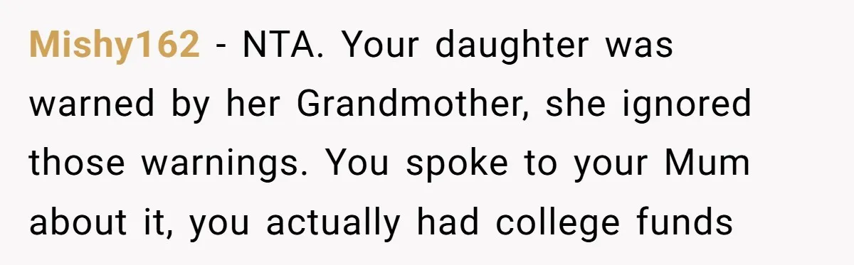Mishy162 − NTA. Your daughter was warned by her Grandmother, she ignored those warnings. You spoke to your Mum about it, you actually had college funds
