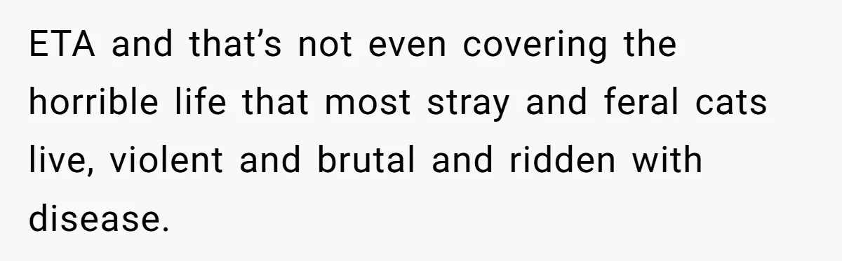 ETA and that’s not even covering the horrible life that most stray and feral cats live, violent and brutal and ridden with disease.