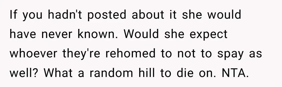 If you hadn't posted about it she would have never known. Would she expect whoever they're rehomed to not to spay as well? What a random hill to die on....