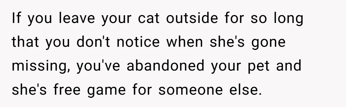 If you leave your cat outside for so long that you don't notice when she's gone missing, you've abandoned your pet and she's free game for someone else.
