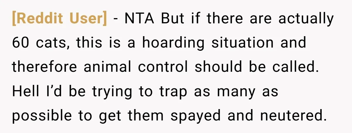 [Reddit User] − NTA But if there are actually 60 cats, this is a hoarding situation and therefore animal control should be called. Hell I’d be trying to trap as...