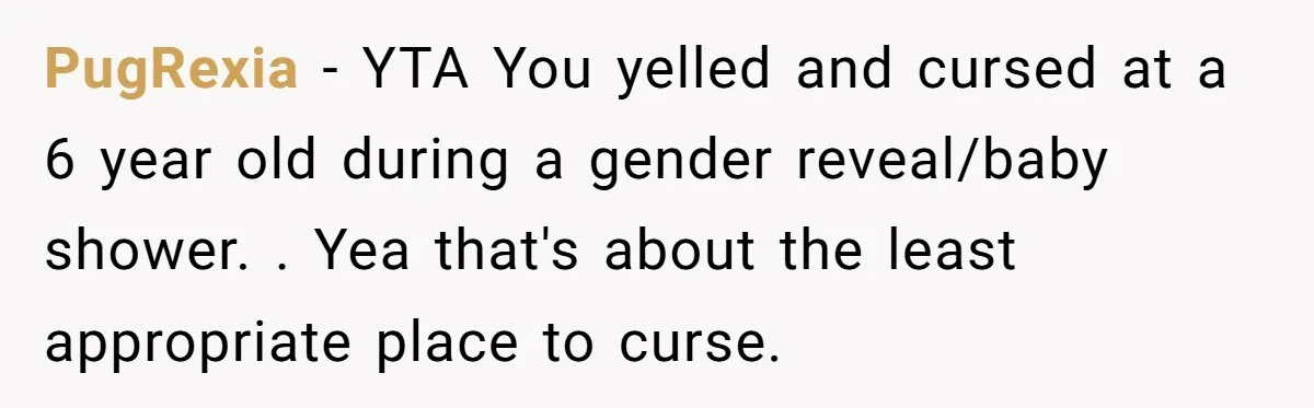 PugRexia - YTA You yelled and cursed at a 6 year old during a gender reveal/baby shower. . Yea that's about the least appropriate place to curse.