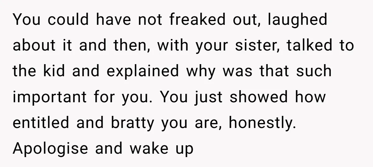 You could have not freaked out, laughed about it and then, with your sister, talked to the kid and explained why was that such important for you. You just showed...