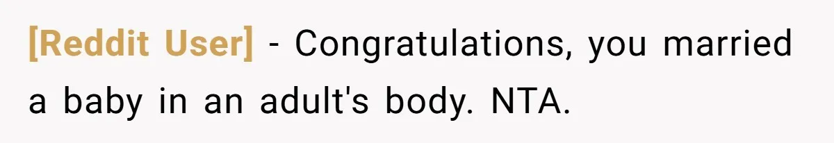[Reddit User] − Congratulations, you married a baby in an adult's body. NTA.